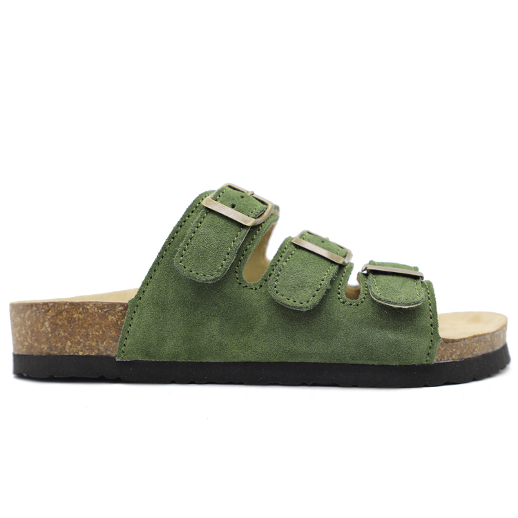 Women Triple Strap Cowsuede Leather Cork Slider