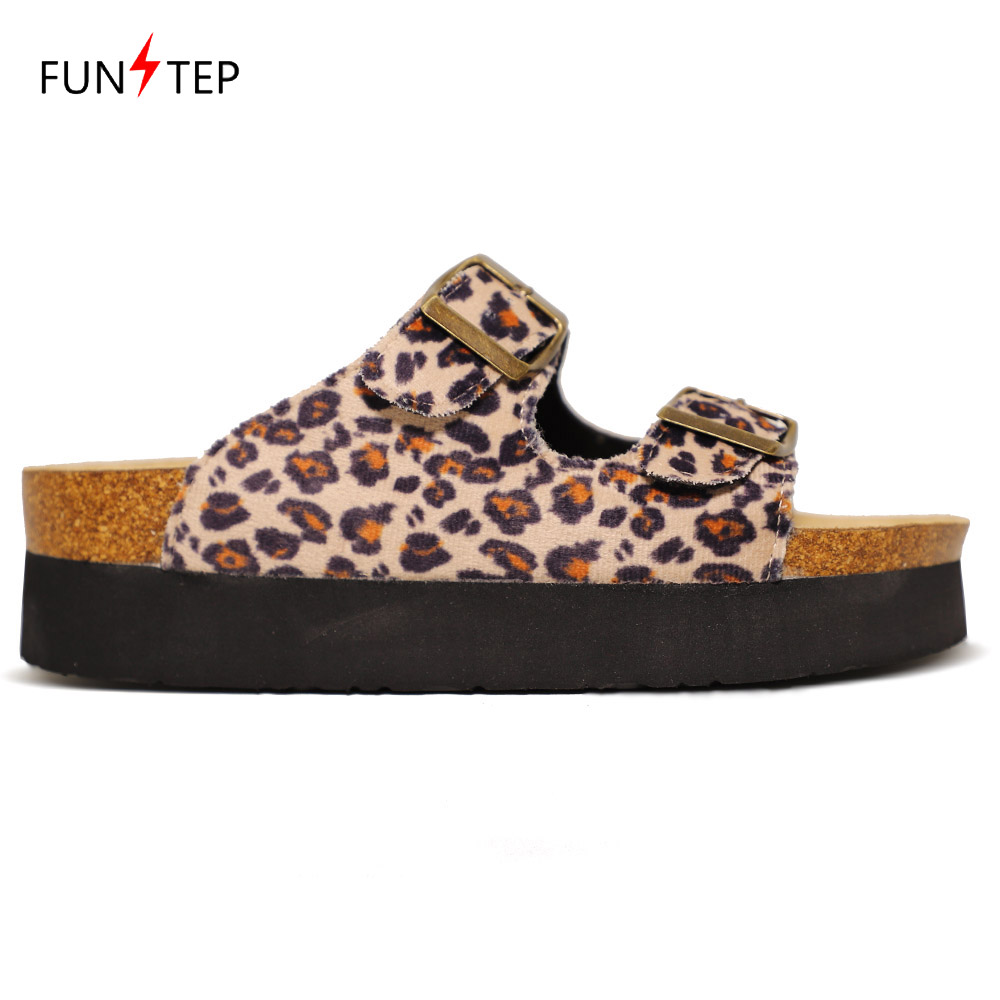Fashion Girls Leopard Print Platform Cork sole Slippers